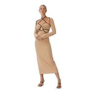 Finders Keepers Eloise Cutout Midi Dress Tan Black Trim Size M NWT